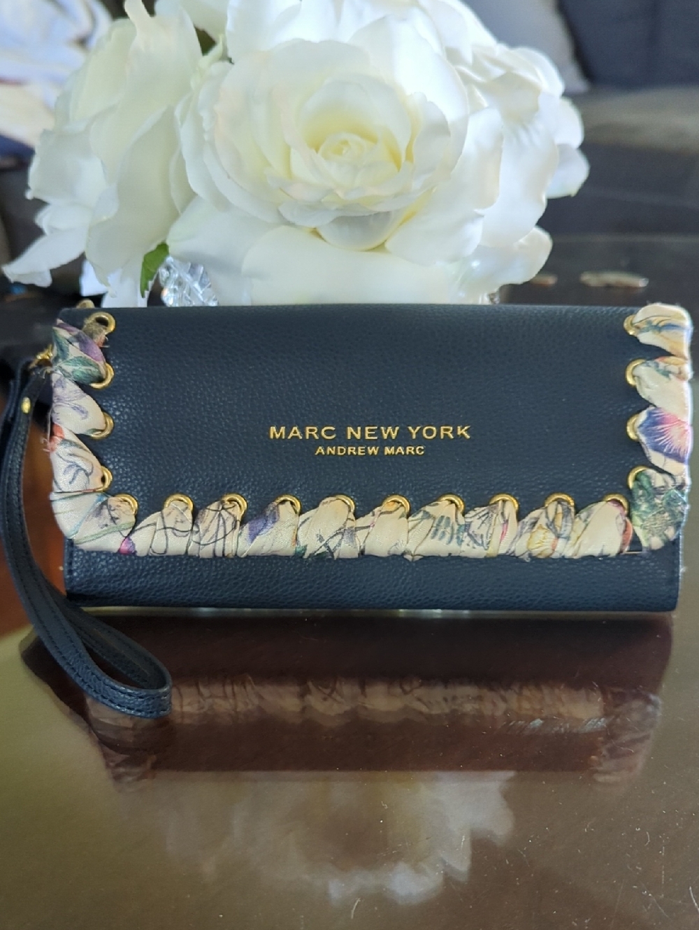 Marc New York Black Leather Wristlet Clutch with Floral-Edge Detail